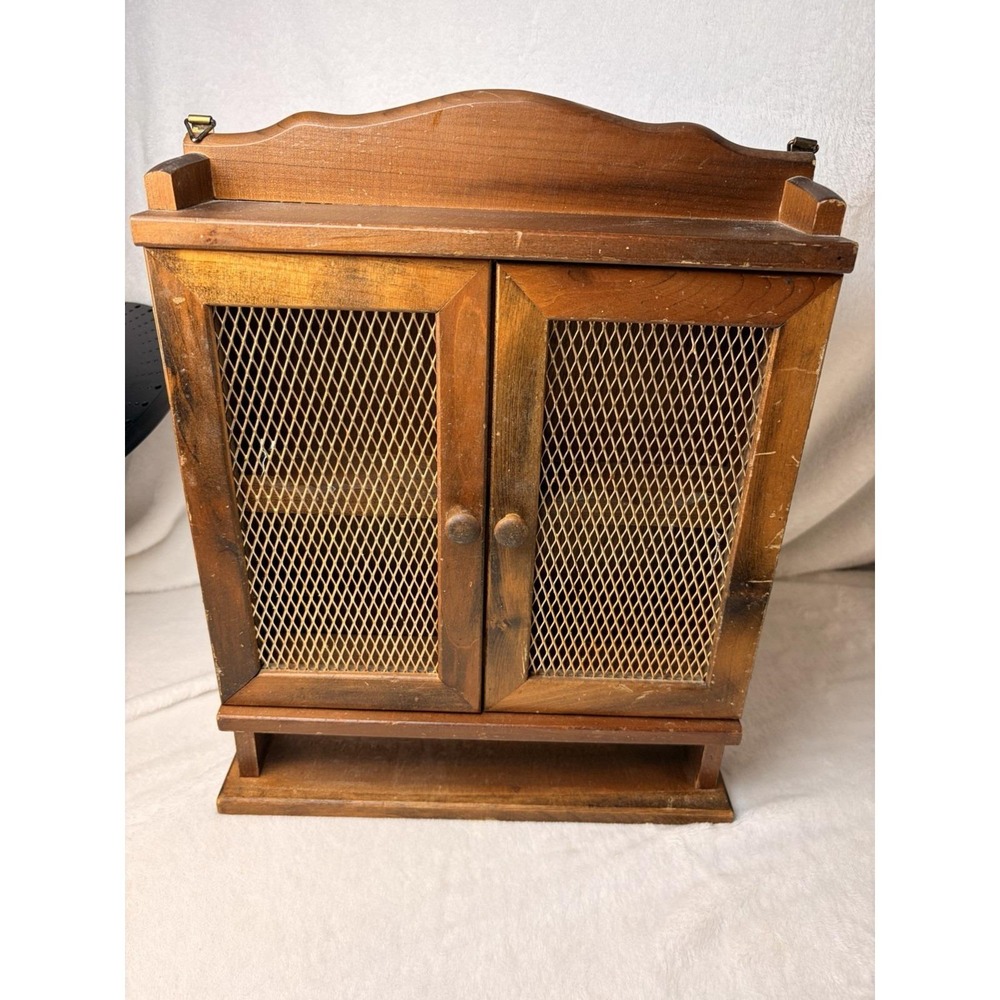 80s Vtg Wooden Wall Cabinet 15x11.5 Wire Mesh Spice Rack Rustic Hanging Storage